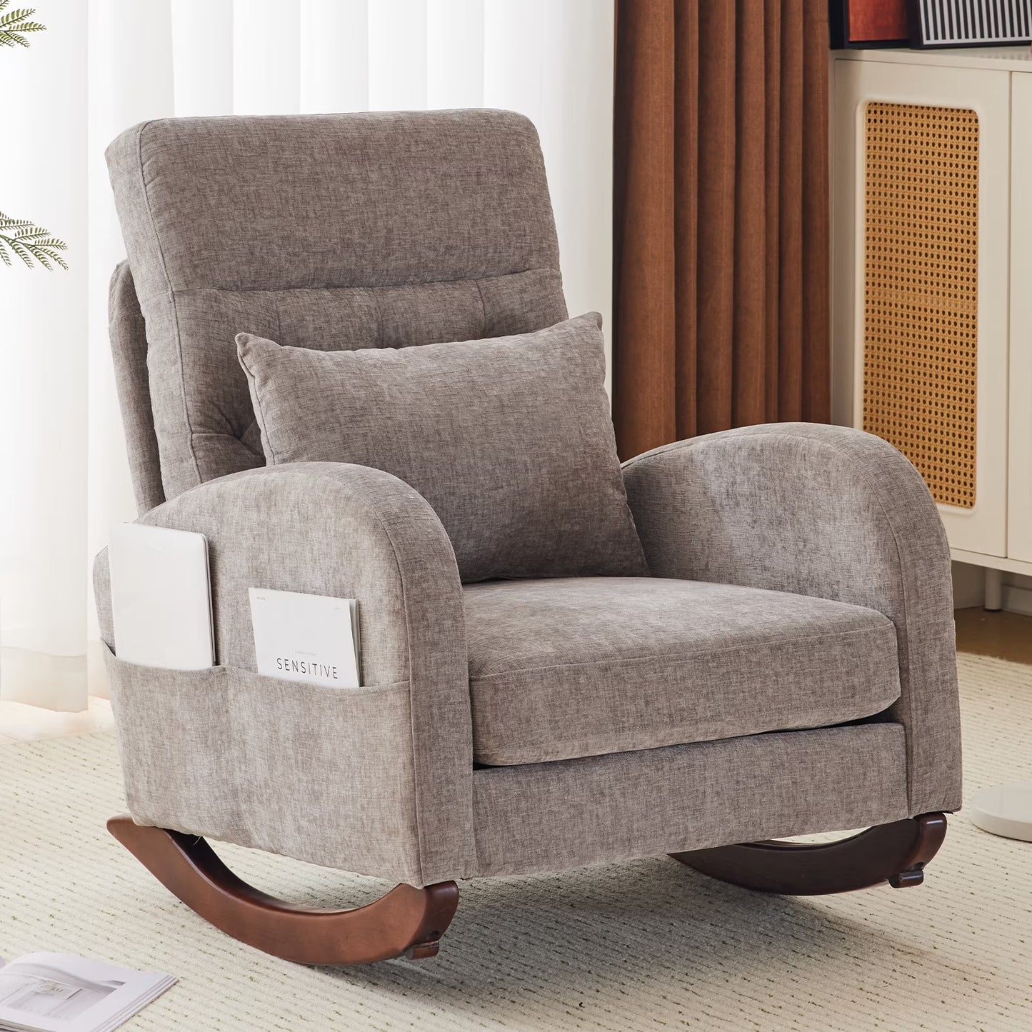 Ktaxon Rocking Accent Chair Glider Reading Chair Comfy Teddy Velvet Upholstered Single Sofa Rocker for Living Room, Nursery, Bedroom Beige