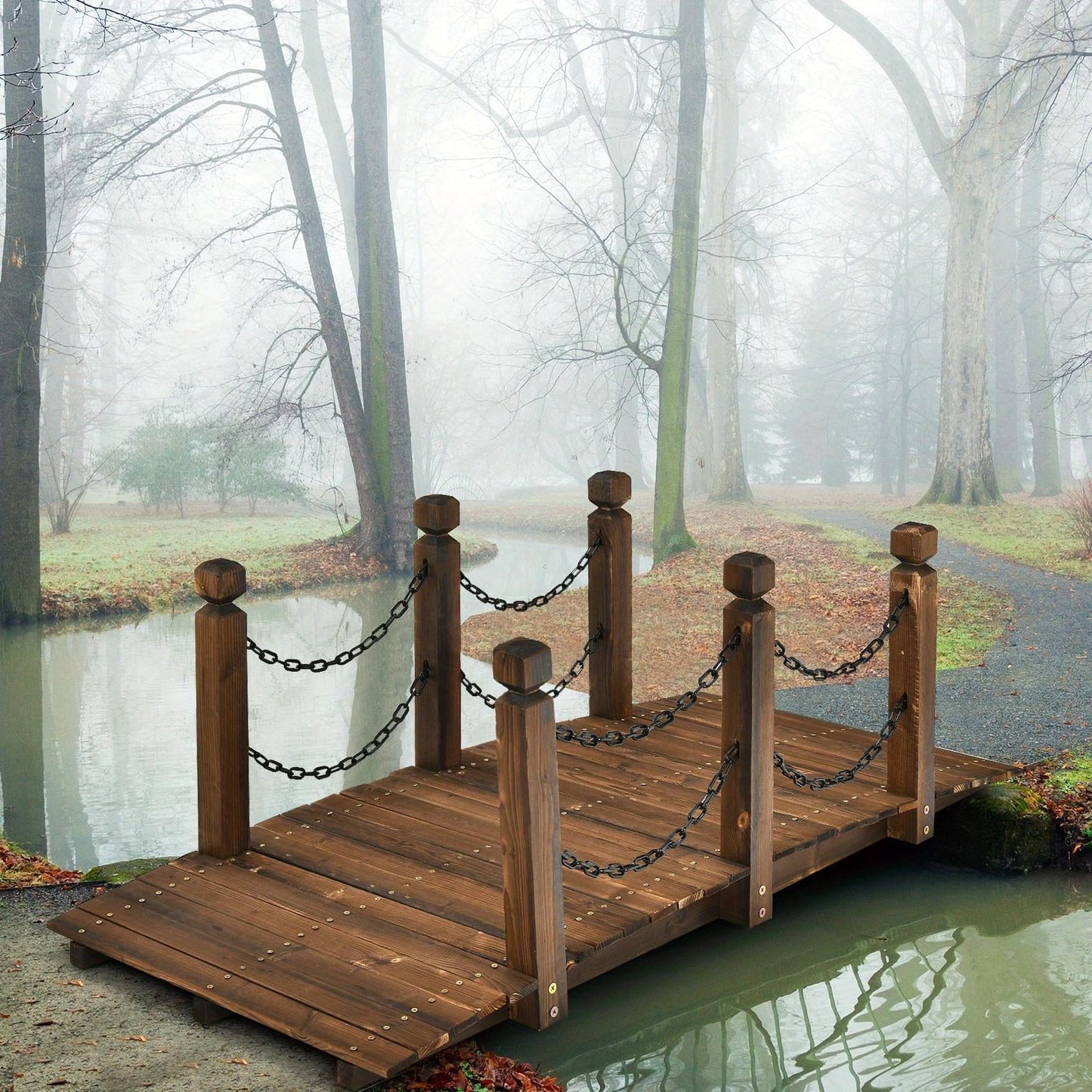 5ft Rustic Wooden Garden Bridge with Railings - Sturdy Fir Footbridge, Weather-Resistant Outdoor Walkway for Weddings, Home Decor, and Gardens, Supports Up to 500 lbs, Natural Brown Finish