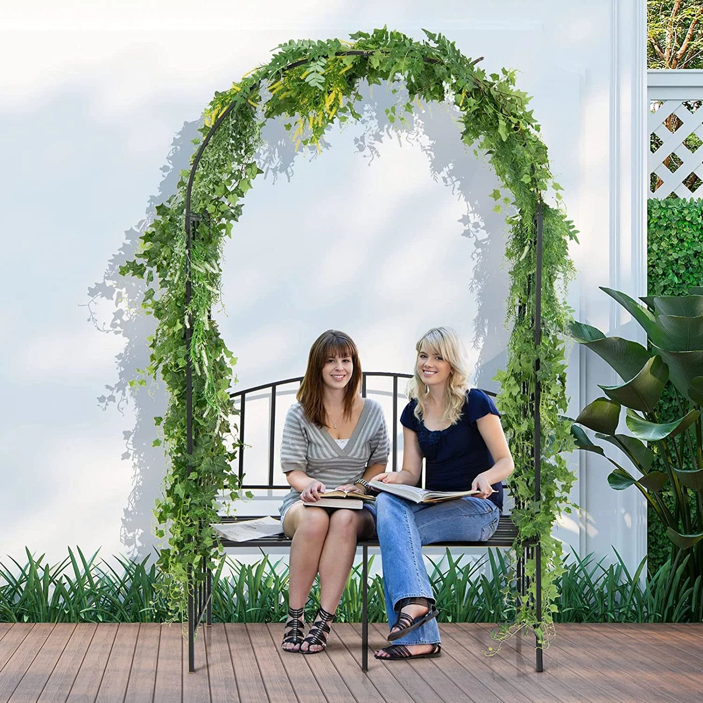 Giantex 81in Metal Garden Arch with Bench, Outdoor Garden Arbor Archway Trellis for Climbing Plants Vines, 2-Person Bench Loads 660 lbs, Patio Trellis Pergola Arches for Wedding Party Ceremony Decor