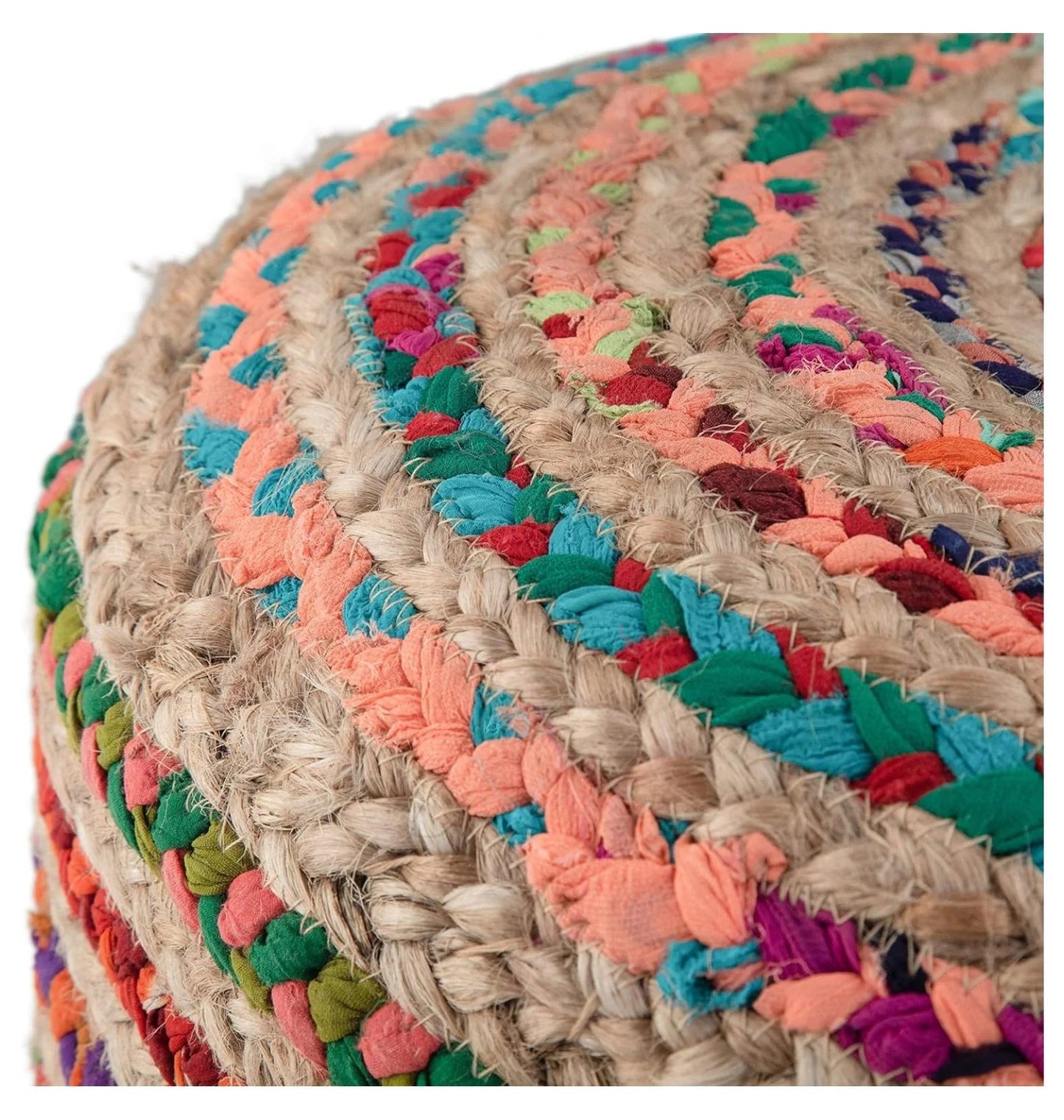 Exlonjet Margo 20 Inch Boho Round Pouf in Multi Color Braided Jute, For the Living Room, Bedroom and
