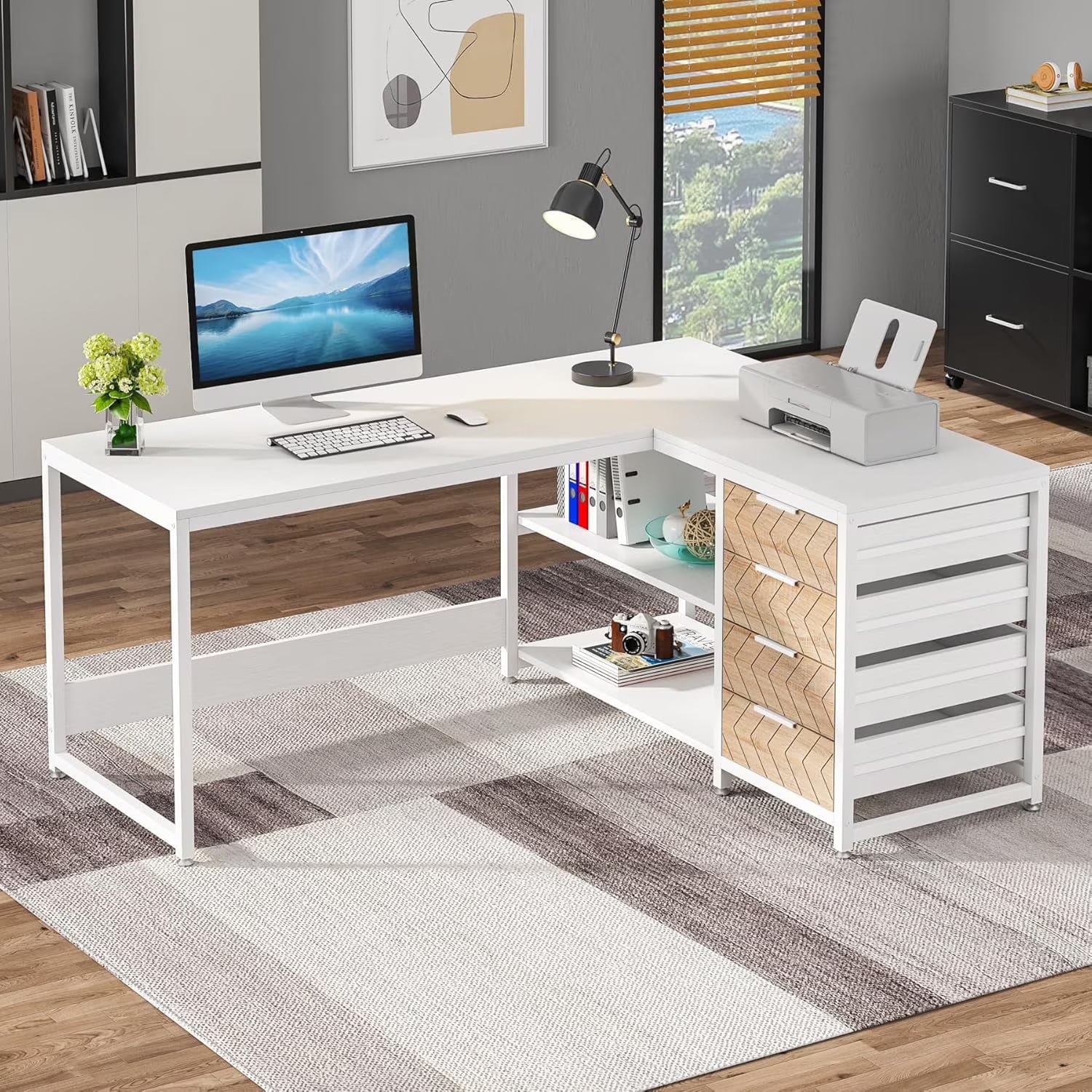 Tribesigns 59" L-Shaped Office Desk, Modern Reversible Computer Study Desk for Home Office, White