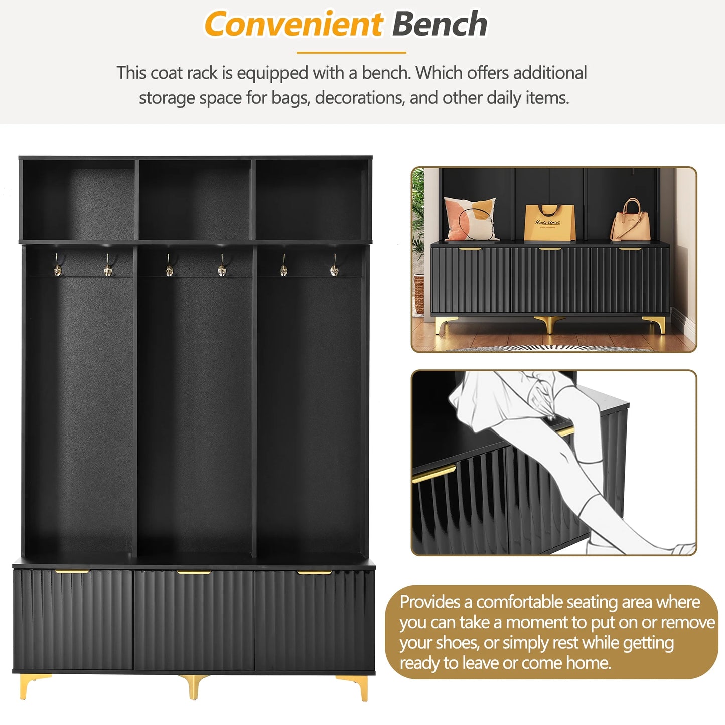 Euroco Modern Hall Tree with High Gloss Fluted Doors, Gold Accents, Shoe Storage & Bench - Entryway Organizer with Cubbies and Coat Hooks