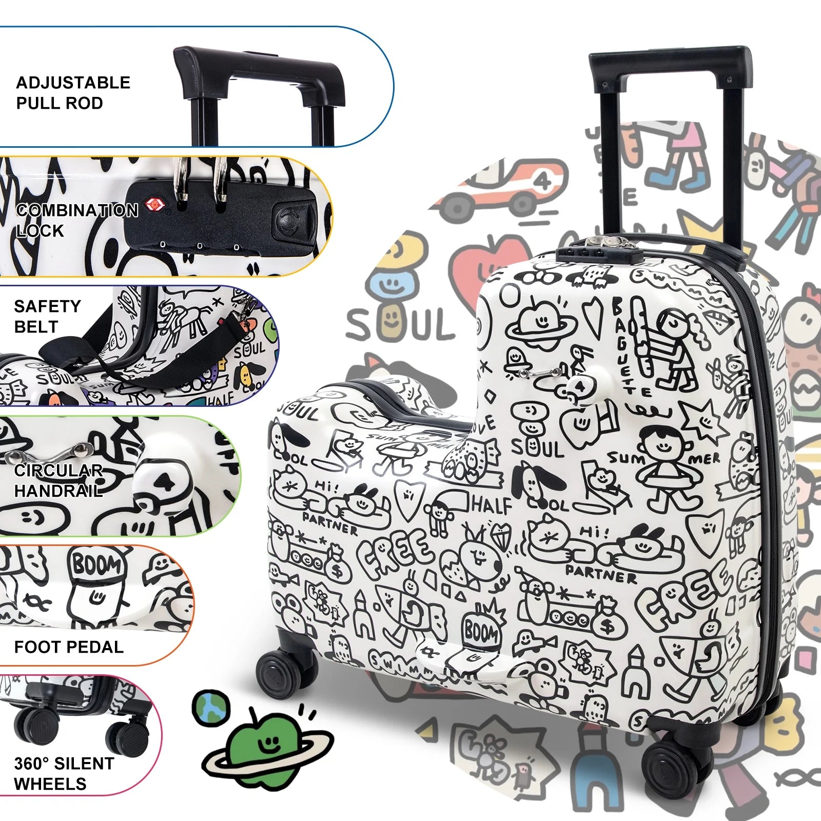 Fridtrip 22 inch Children's Ride On Luggage with Safety Belt DIY Paint ColorWaterproof Luggage Spinner wheels with Luggage Cover