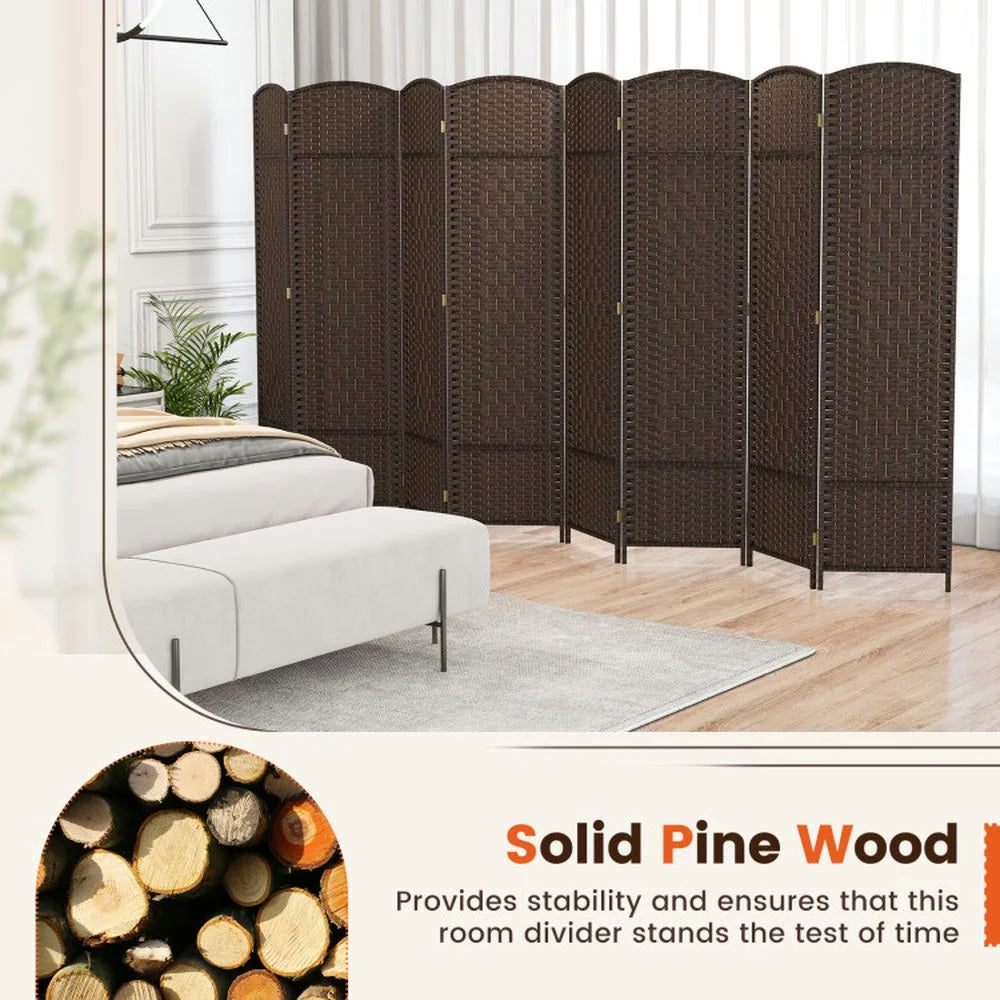 Spaco 8-Panel 8 Feet Tall Room Divider, Folding Room Divider with Hand-Woven Texture, Privacy Screen with Solid Wood Frame for Indoor, Brown