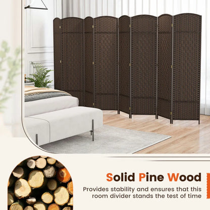 Spaco 8-Panel 8 Feet Tall Room Divider, Folding Room Divider with Hand-Woven Texture, Privacy Screen with Solid Wood Frame for Indoor, Brown