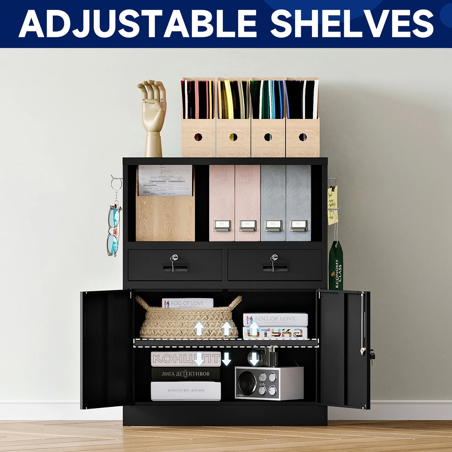 Fesbos Locking Cabinet with 2 Drawers, Metal Storage Cabinet with Locking Doors and Shelves - 41.3" Steel Lockable Storage Cabinet, Metal Cabinet for Home Office, Garage
