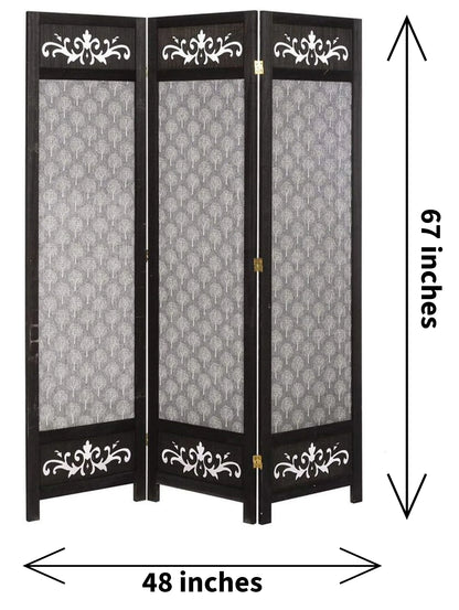 3 Panel Room Divider Solid Wood and Canvas with Decorative Cutouts Tree Design 67" Tall Black