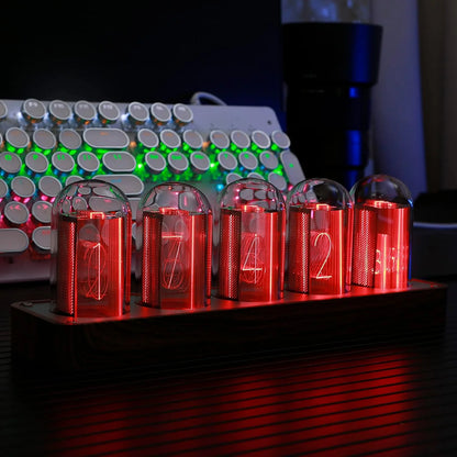 Retro Nixie Tube Clock with Wi-Fi Sync, Alarm & Timer, 12/24H Display, No Assembly Required - Wooden Design