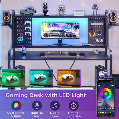 SEDETA Gaming Desk, 55" Computer Desk with Hutch and Shelves, LED Lights, Pegboard and Monitor Shelf, Large PC Gamer Desk Workstation for Home Office, Gaming Table for Bedroom, Black