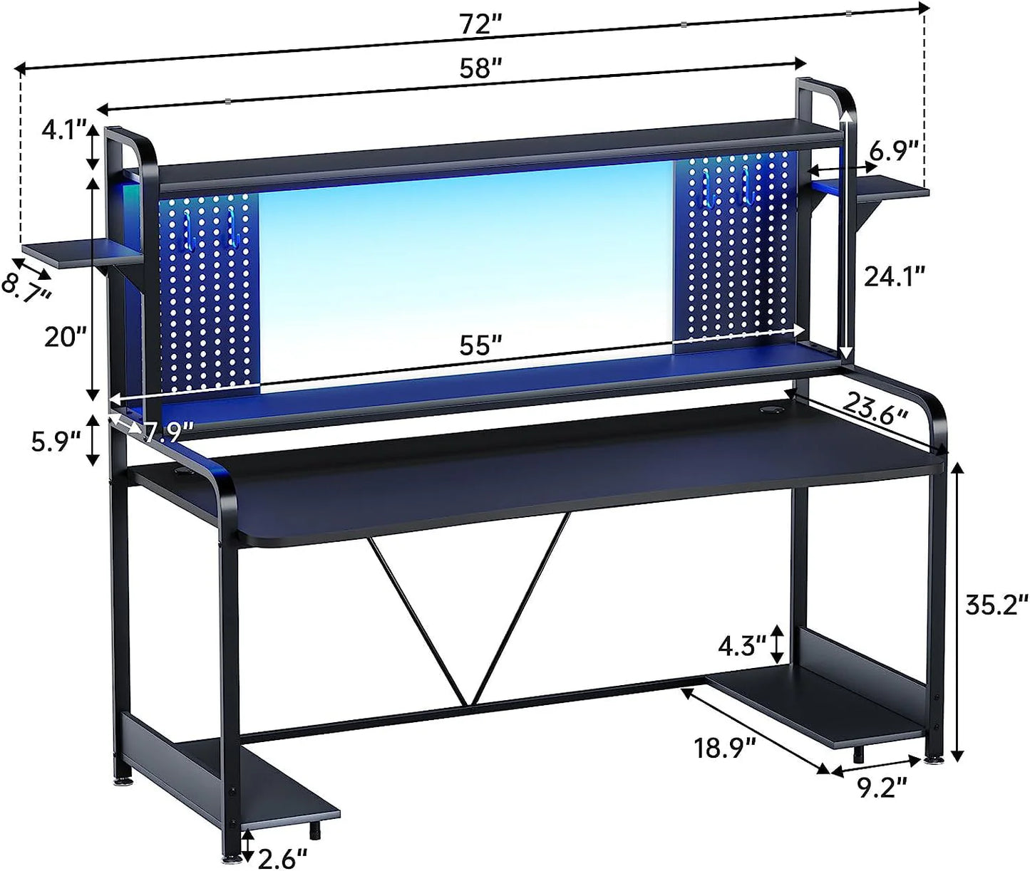 SEDETA Gaming Desk, 55" Computer Desk with Hutch and Shelves, LED Lights, Pegboard and Monitor Shelf, Large PC Gamer Desk Workstation for Home Office, Gaming Table for Bedroom, Black