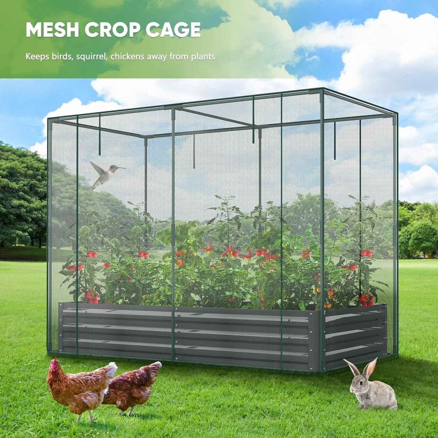 Slsy Galvanized Raised Garden Bed Kit w/Crop Cage Anti-Bird Netting Mesh Cover, 71" x 35.4" x 59" Large Metal Outdoor Planter Garden Boxes w/2 Roll-Up Zippered Doors, for Vegetables Herbs Flowers