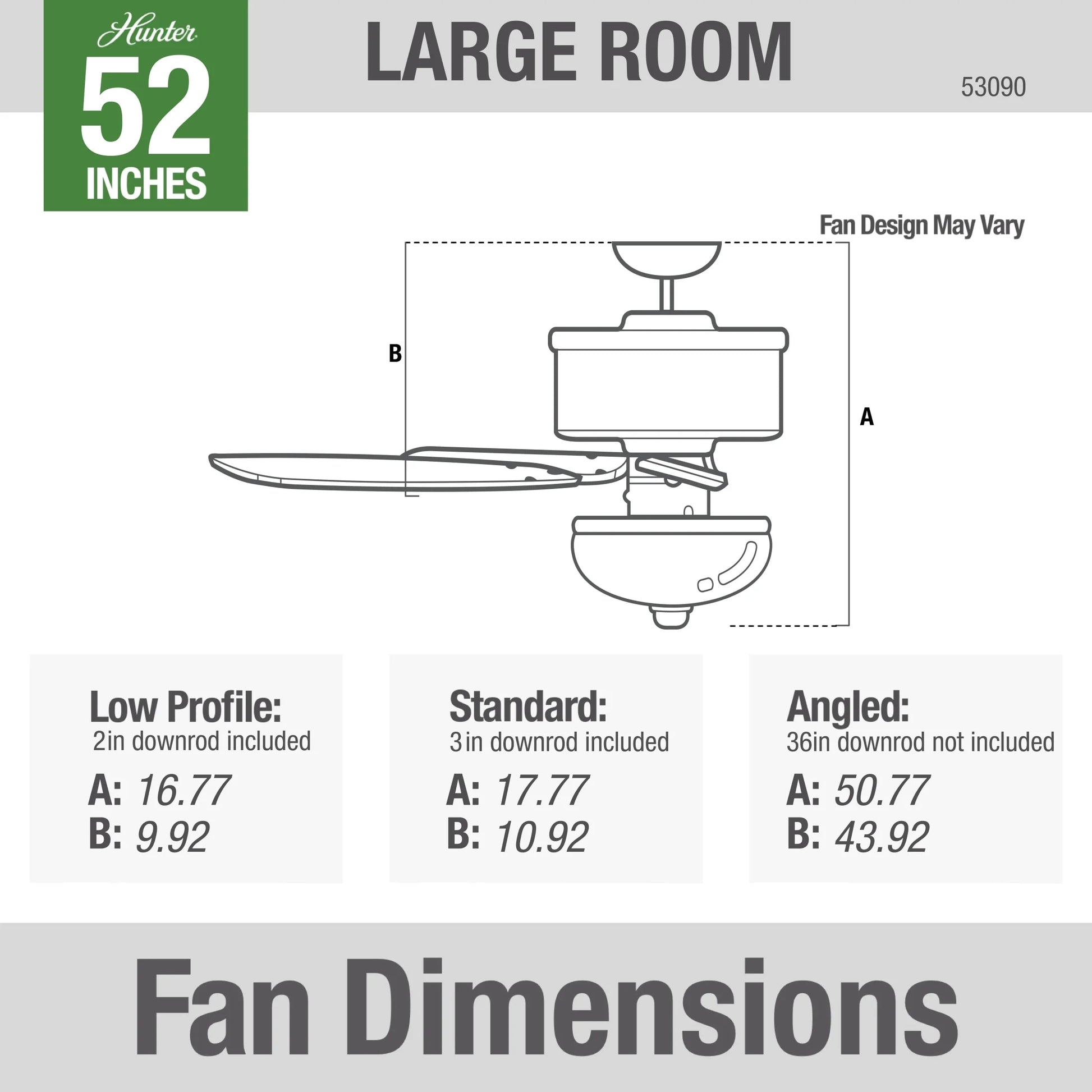 Hunter - Builder Indoor Ceiling Fan With Light, 52-inch, Brushed Nickel, Traditional-style, 3-speed WhisperWind Motor, 53090, for living rooms, bedrooms, home offices, kitchens
