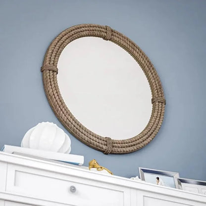 Round Jute Wall Mirror Decorative Wall Mounted Nautical Themed Rustic Rope Mirror with Hanging Loop, Handcrafted Vintage Nautical Design, Brown (18 Inch)