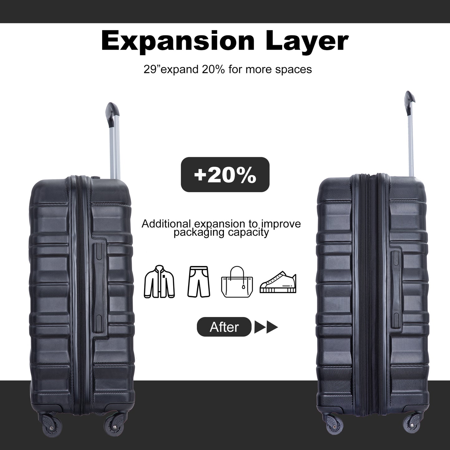 PAPROOS Hardside Luggage Set, 3 Piece 21in 25in 29in Carry on Suitcases Set with 2 Hooks and TSA Lock, Modern Lightweight Luggage Set, Hardshell Expandable Suitcase Set for Family Travel, Black