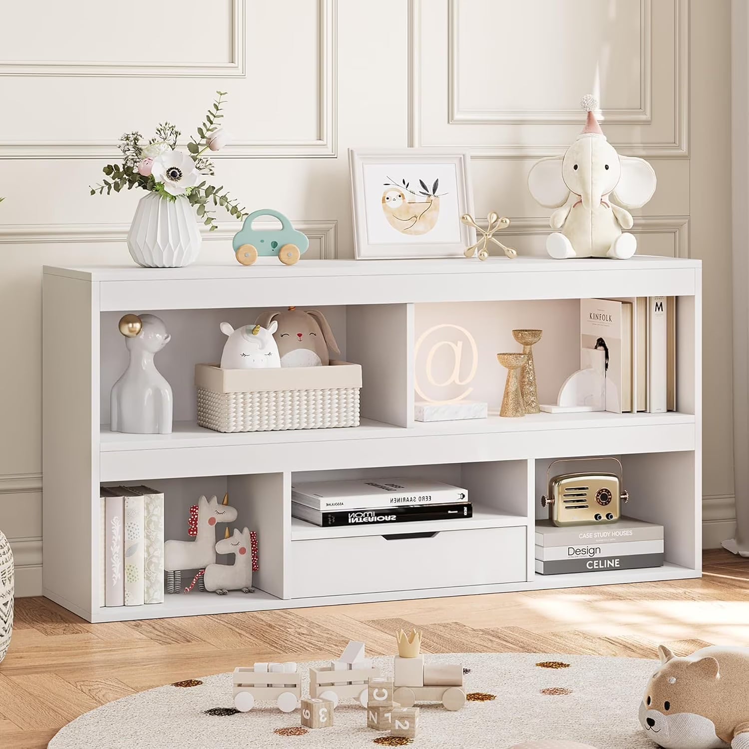 IdealHouse 5-Cube Kids Storage Organizer with Drawer, Wooden Toy Storage Cabinet for Playroom, Nursery, Classroom - White Wood Finish