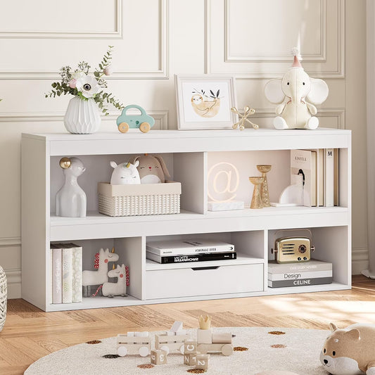 IdealHouse 5-Cube Kids Storage Organizer with Drawer, Wooden Toy Storage Cabinet for Playroom, Nursery, Classroom - White Wood Finish