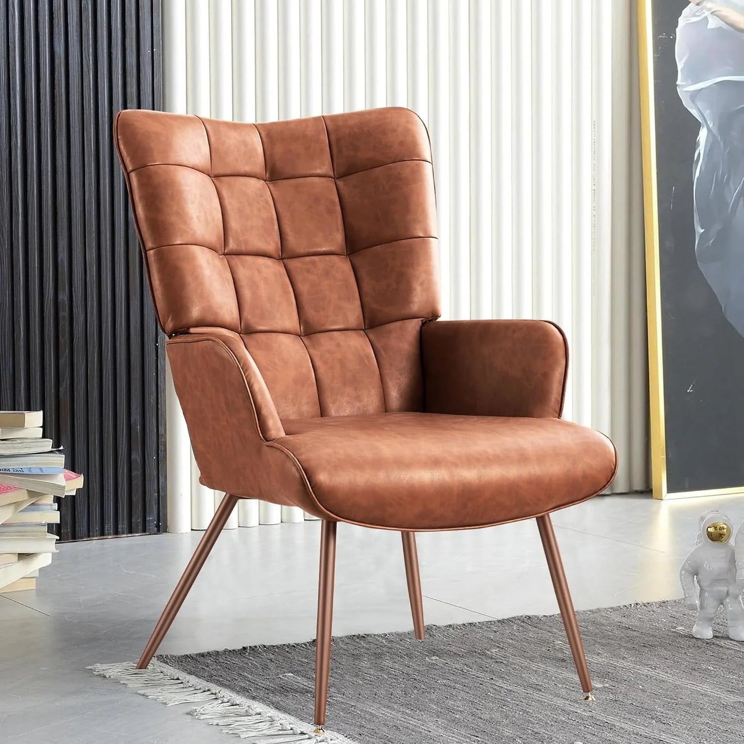 Unikome Livingroom Chairs Mid-Century Modern Accent Chair, Faux Leather Wingback Accent Chair PU Leather Accent Chair for Home Office/Living Room/Bedroom, Brown