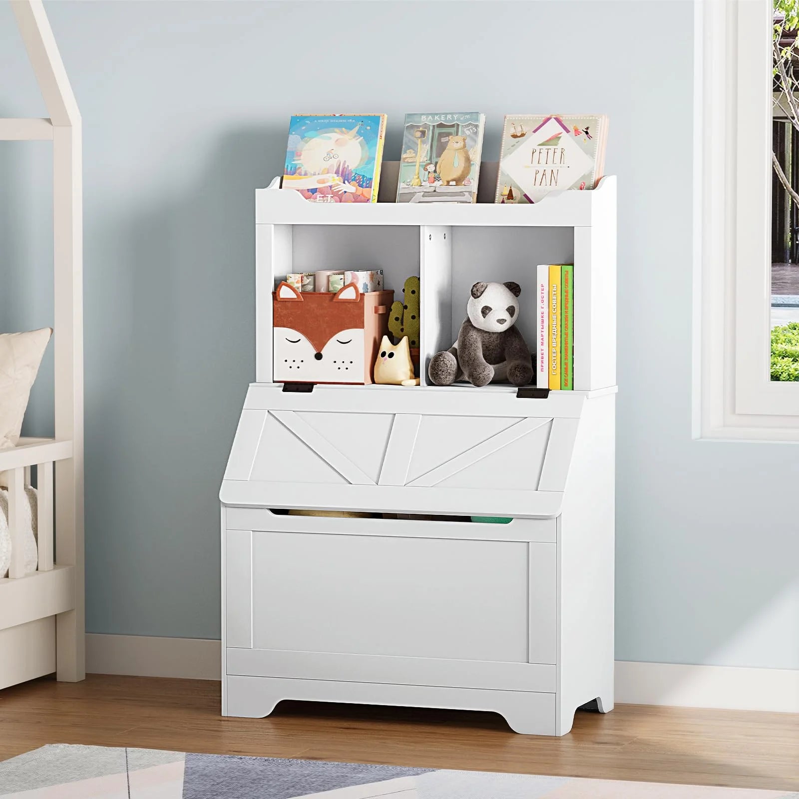 Kids Bookshelf and Toy Storage Organizer, Large Wooden Toy Box Chest with Flip-top Lid and Cubby, 3-Tire Children's Bookcase with Toy Storage Cabinet for Playroom Bedroom Nursery Kindergarten Hallway