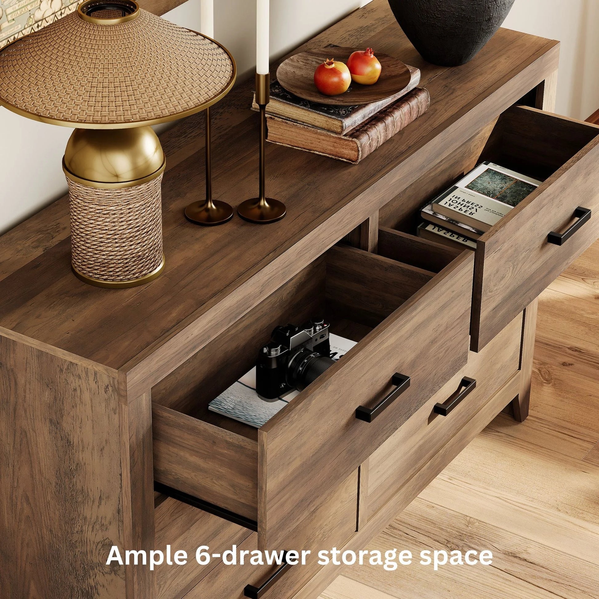 WAMPAT Dresser for Bedroom with 6 Drawers, Kids Dressers with Wide Chest of Drawers, Mid Century Modern Wooden Closet Storage Organizer, Large Wood Dresser for Living Room, Nursery, Brown