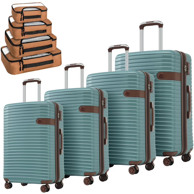 EBQOSK 4PCS Carry On Expandable Luggage Set with 4 Packing Cubes, 16/24/26/28 Inch Three-layer ABS Composite Suitcases with TSA Lock & 360° Spinner Wheels for Family Travel, Expand 25% Space Brown