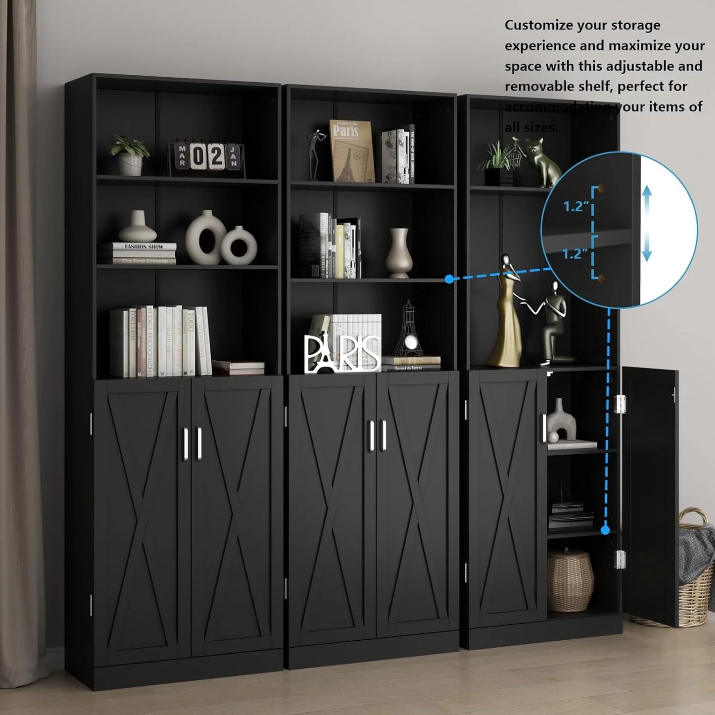 Loomie Industrial Boolshelf with Door, 6 Tier Farmhouse Book Shelf with Adjustable Shelves,70" Tall Display Etagere Bookcase,Floor Standing Unit Book Case Furniture for Home Office,Living Room (Black)