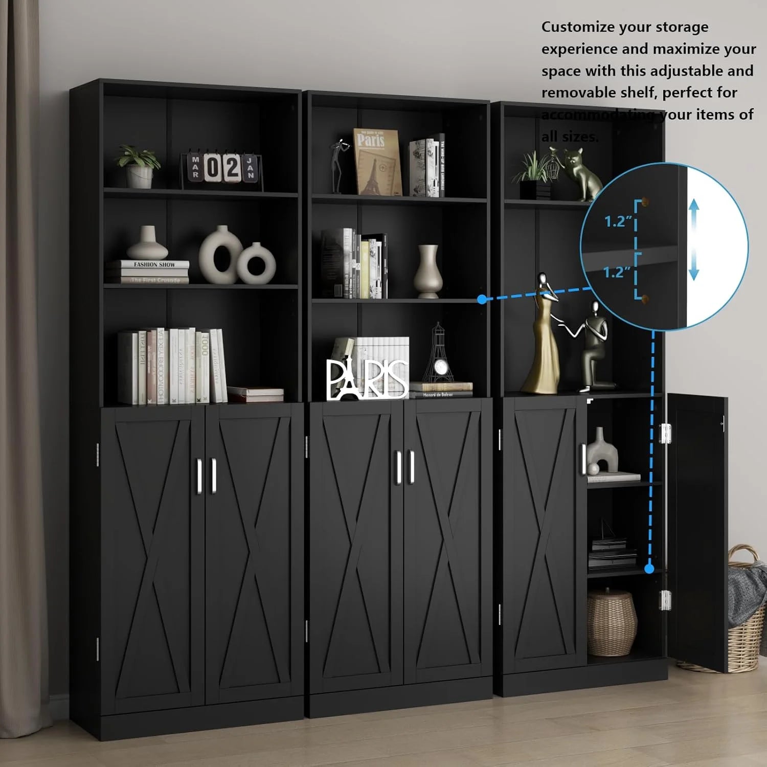 Loomie Industrial Boolshelf with Door, 6 Tier Farmhouse Book Shelf with Adjustable Shelves,70" Tall Display Etagere Bookcase,Floor Standing Unit Book Case Furniture for Home Office,Living Room (Black)