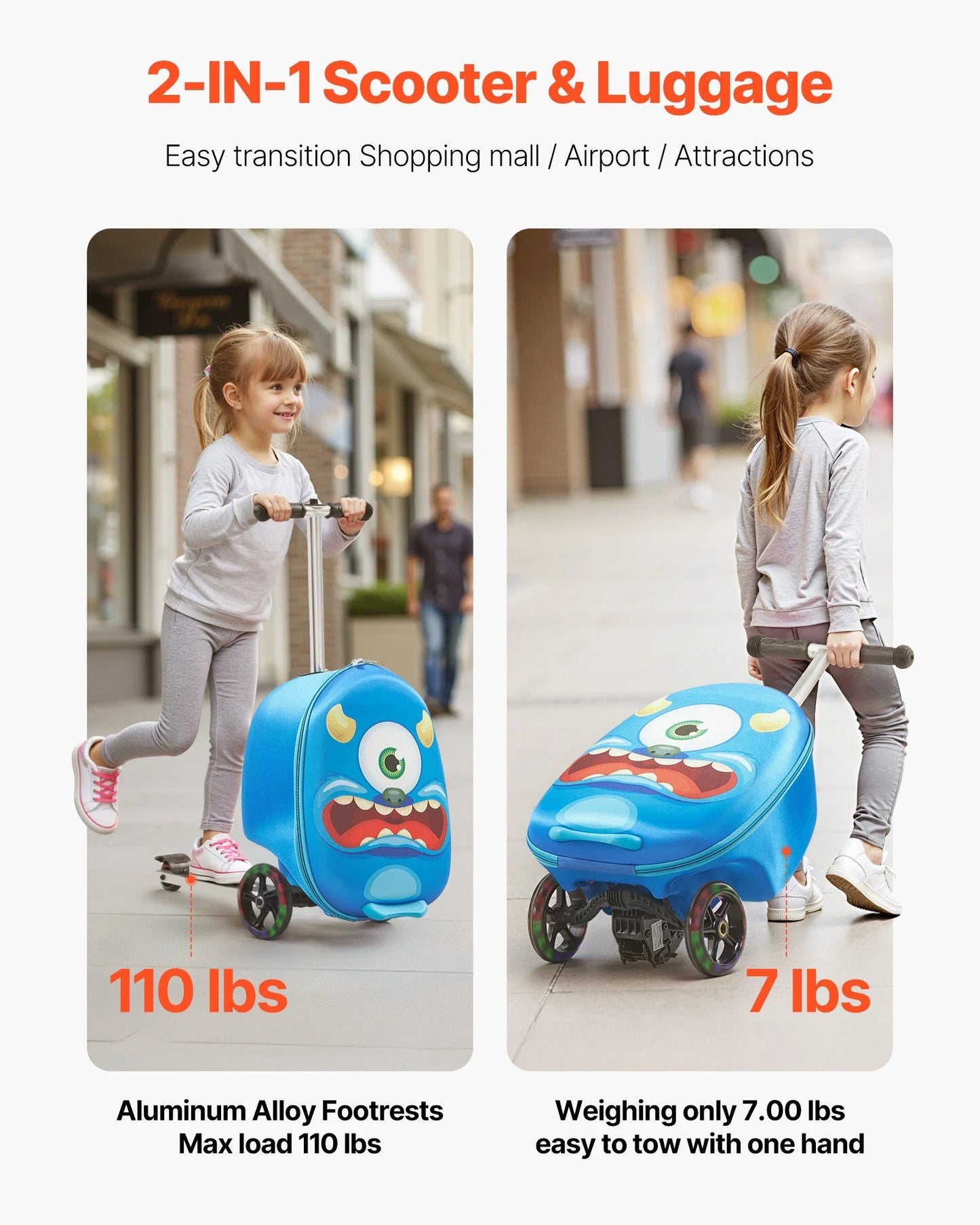 VEVOR Ride-on Luggage 20-inch Kids Scooter Suitcase with Flash Wheels Blue