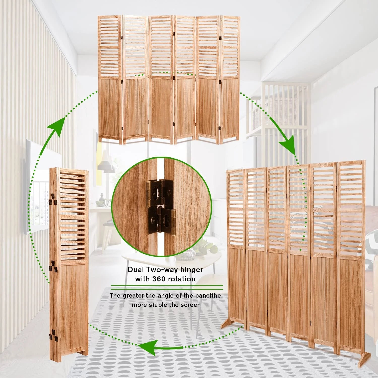 Privacy Screen 82.8'' W x 65'' H 6 - Panel Solid Wood Folding Room Divider, Natural,Outdoor Privacy Screen