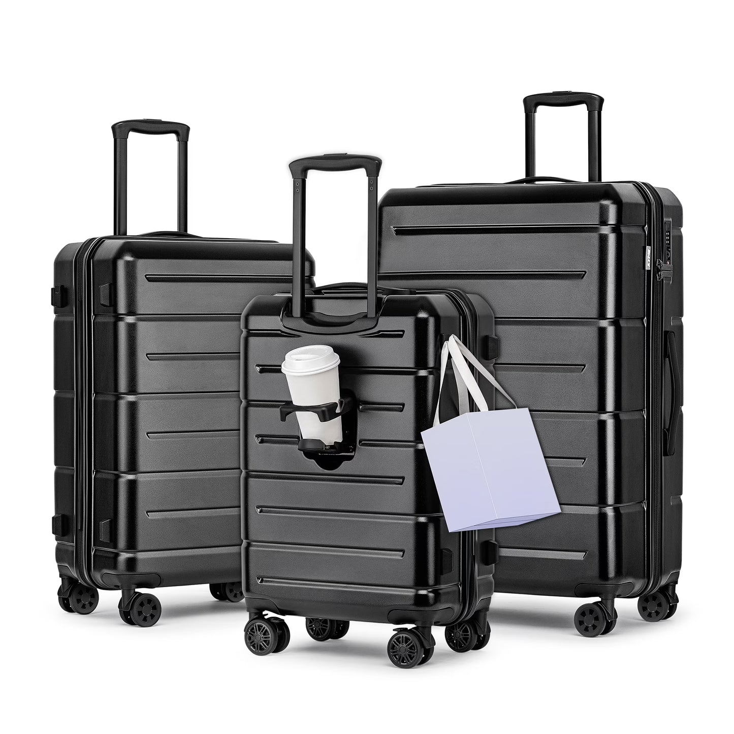3 Piece Hardside Carry On Luggage Sets TSA Lock Spinner Wheels 22"26"30" Suitcase with Cup Holder