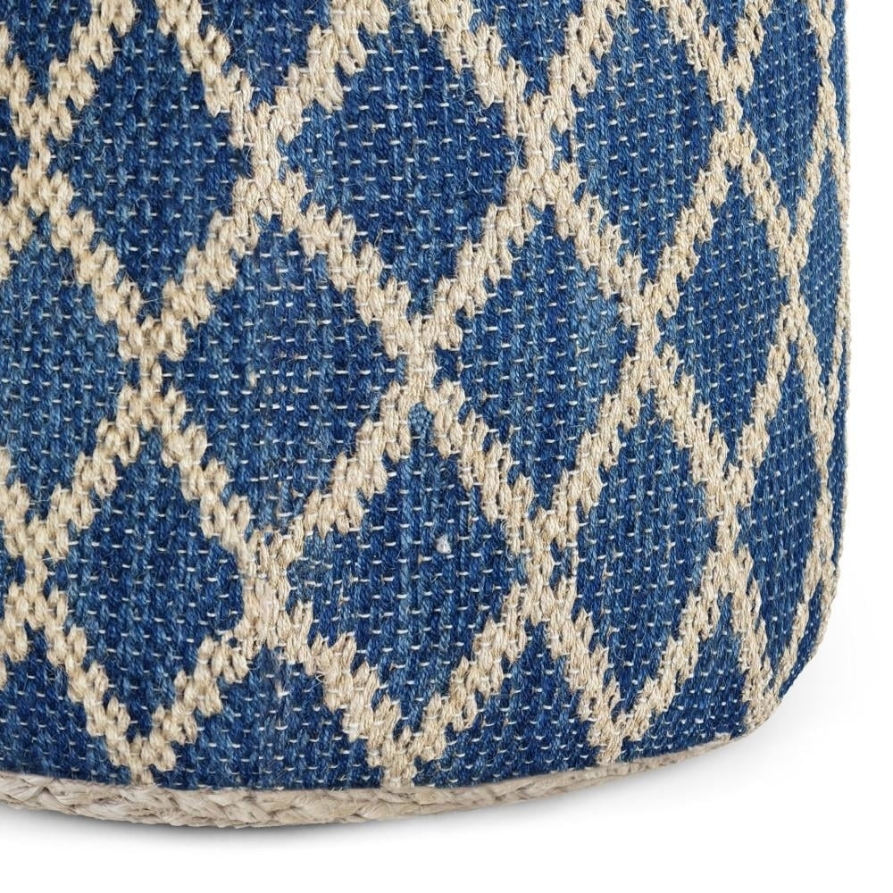 Edgeley Boho Round Pouf in Classic Blue, Natural Woven Braided Jute
