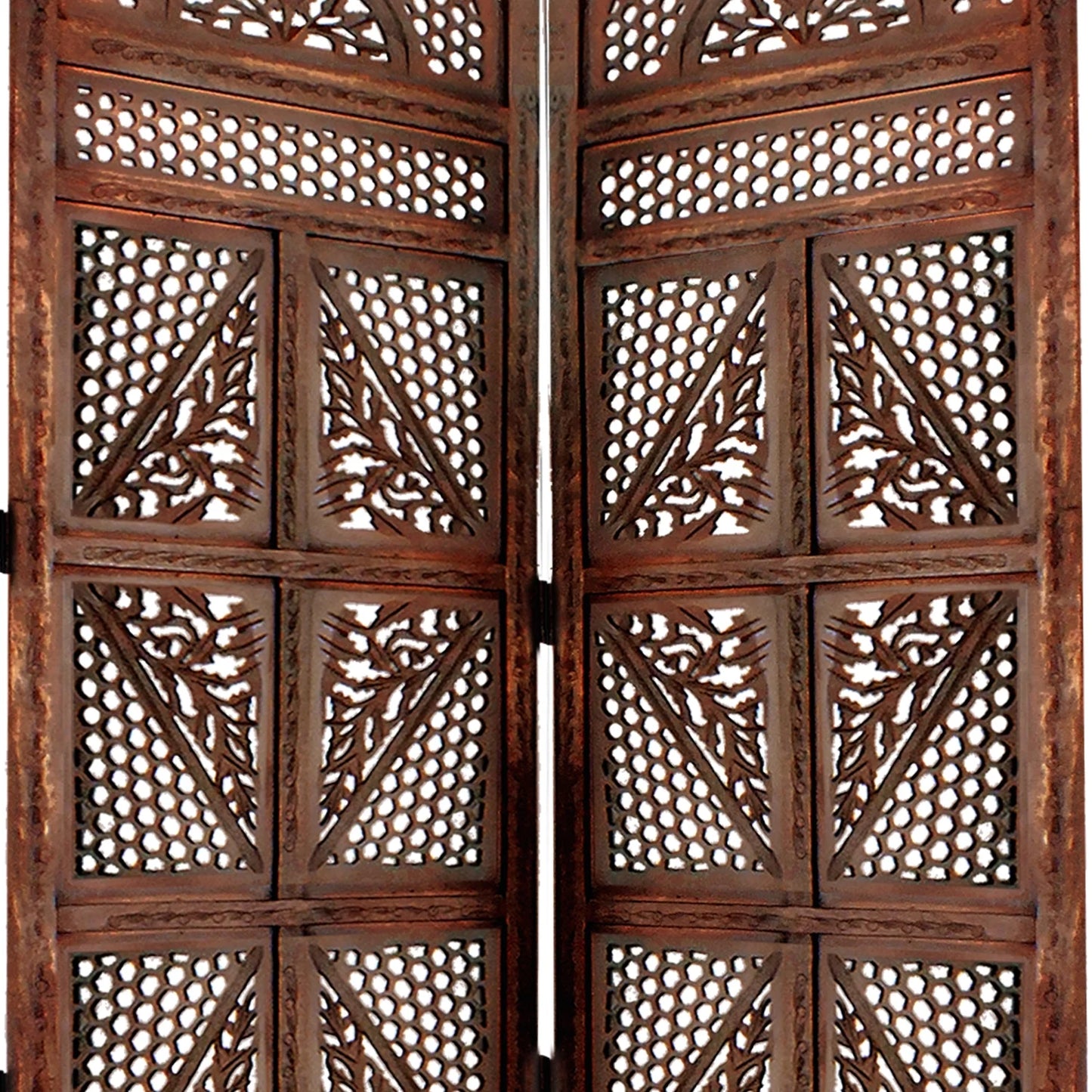 Four Panel Wooden Room Divider with Hand Carved Details in Antique Brown