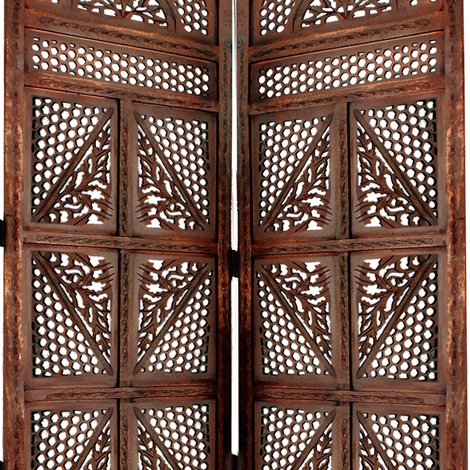Four Panel Wooden Room Divider with Hand Carved Details in Antique Brown