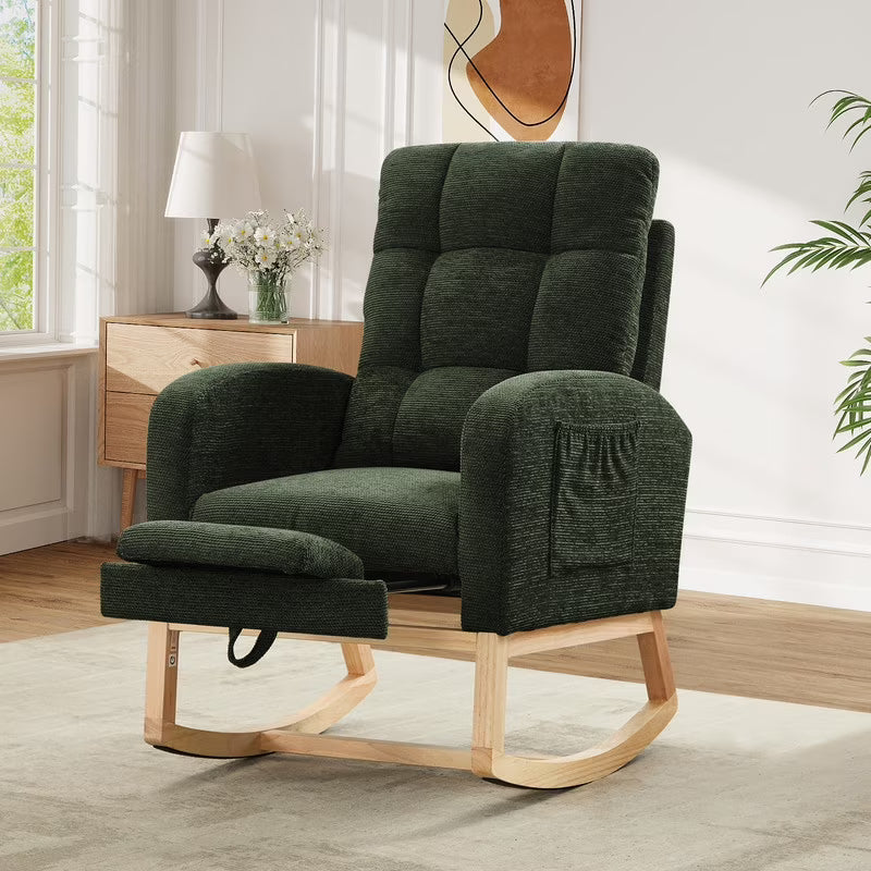 FFH Rocking Chair Nursery, Tufted Accent Rocker Chair, Upholstered Armchair with Adjustable Footrest, Side Pocket, High Backrest, Padded Seat, Polyester Blend (Retro, Dark Gray)