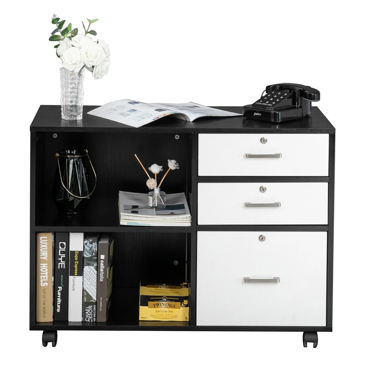 Ktaxon 3 Drawer Wood File Cabinets, Lateral Mobile Filing Cabinets Printer Stand with Locks and Wheels, Open Storage Shelves for Home Office