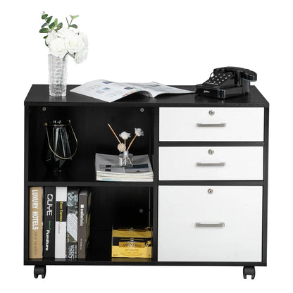 Ktaxon 3 Drawer Wood File Cabinets, Lateral Mobile Filing Cabinets Printer Stand with Locks and Wheels, Open Storage Shelves for Home Office