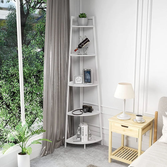 Hassch 5-Tier Industrial Corner Bookcase 70" Wood Ladder Shelf Rustic Bamboo Stand for Living Room, Kitchen, Home Office, White