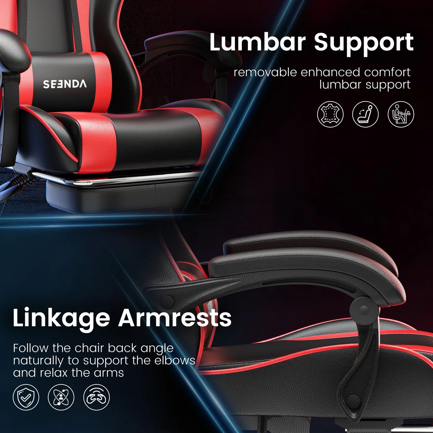 Gaming Chair, Seenda Computer Office Chair, Linkage Armrests and Footrest, High Back Ergonomic Home Office Desk Chair with Lumbar Support Task Chair, Red