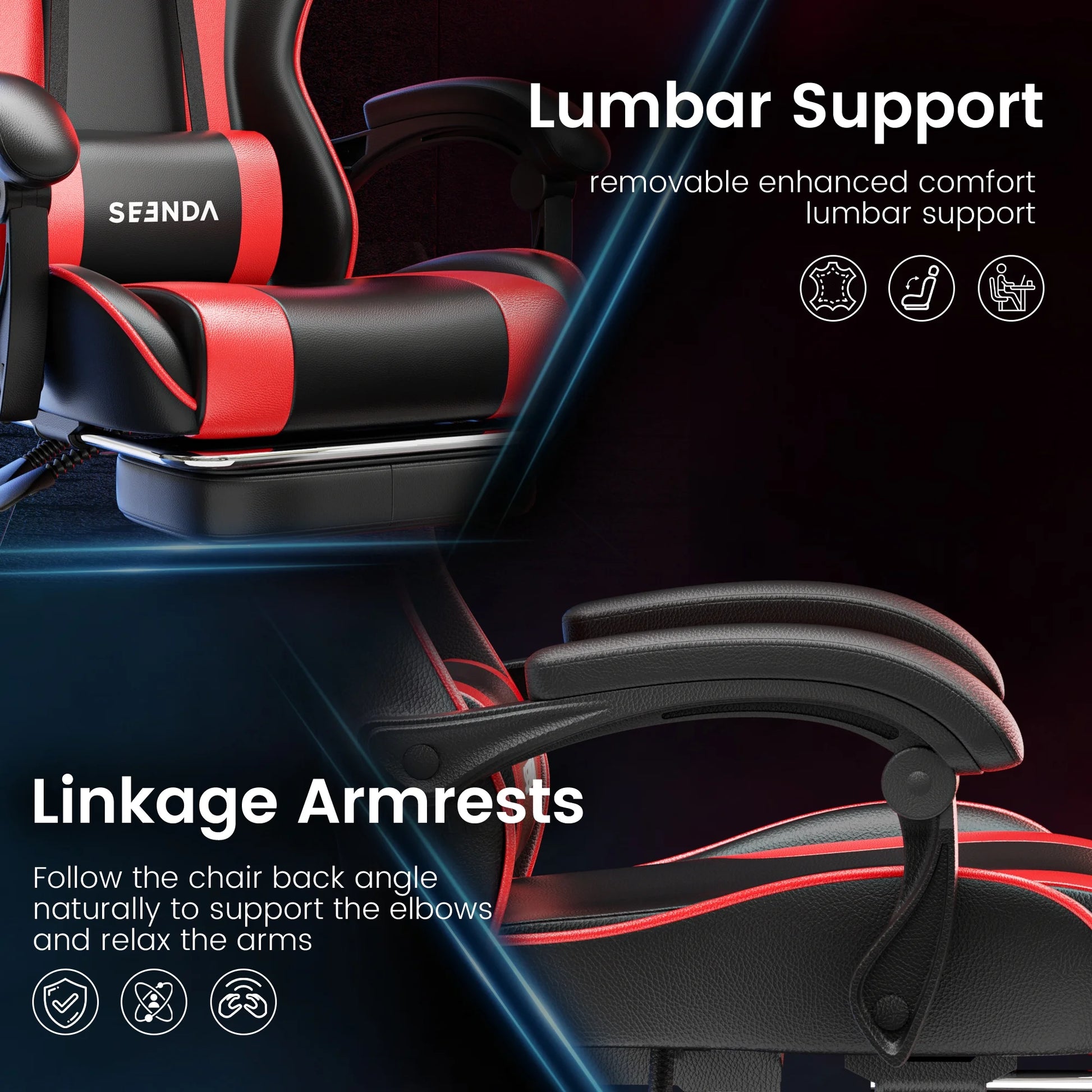 Gaming Chair, Seenda Computer Office Chair, Linkage Armrests and Footrest, High Back Ergonomic Home Office Desk Chair with Lumbar Support Task Chair, Red