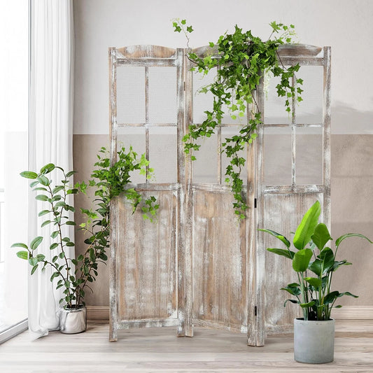 GOFLAME 3-Panel Folding Room Divider, 6FT Paulownia Wood Privacy Screen with Mesh Window, Natural Rustic Freestanding Wall Divider Partition for Room Separation, No Assembly Required