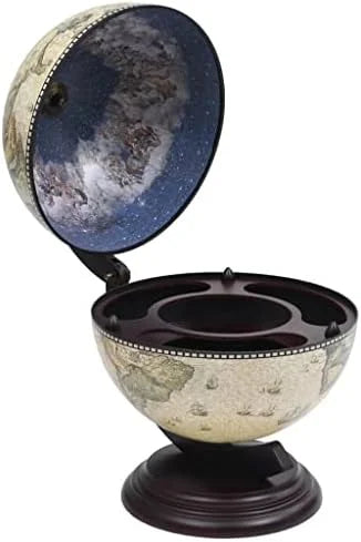 Green & Brown Tabletop Globe Wine Stand - Eucalyptus Wood with Antique Replica Frescoes and 16th Nautical Maps - Assembly Required
