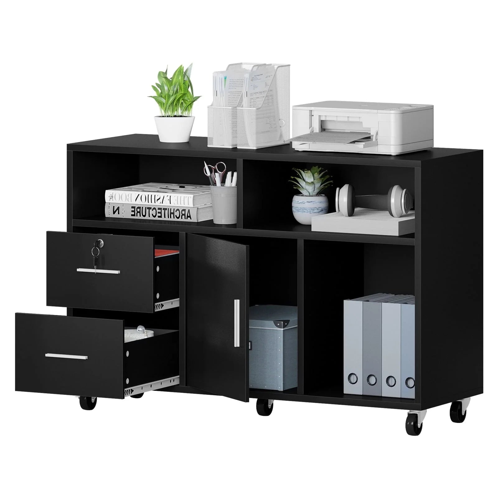 Dextrus 2 Drawer Wood File Cabinet, Mobile Lateral Filing Cabinet with Lock, Printer Stand with Open Storage Shelves for Home Office, Drawers Without Hanging Bars, Black