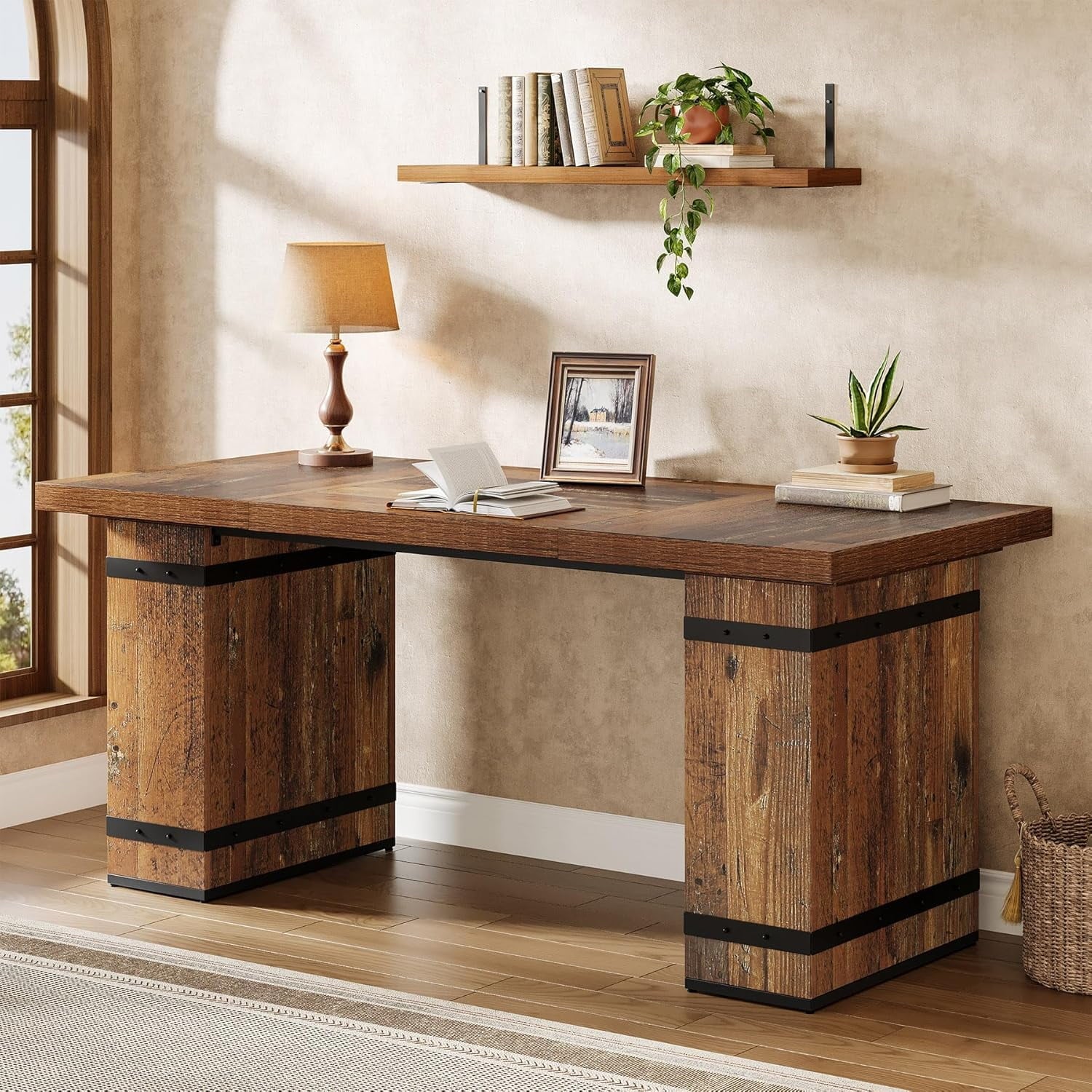 63-Inch Farmhouse Executive Desk, Large Business Workstation Table for Home Office, Mix-Brown