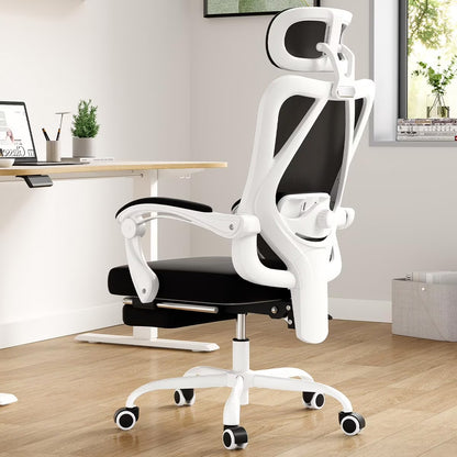 STARY Ergonomic Office Chair with Footrest, High Back Mesh Desk Chair with Adjustable Headrest & Lumbar Support, Comfortable Computer Chair for Home Office Study, White & Beige