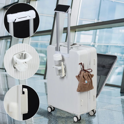 24 Inch Checked Luggage with Front Pocket, USB Charging Port, Built-in lock Carry on Suitcase, Cup Holder and Phone Holder, Medium Hardside Suitcase with Spinner Wheels, White