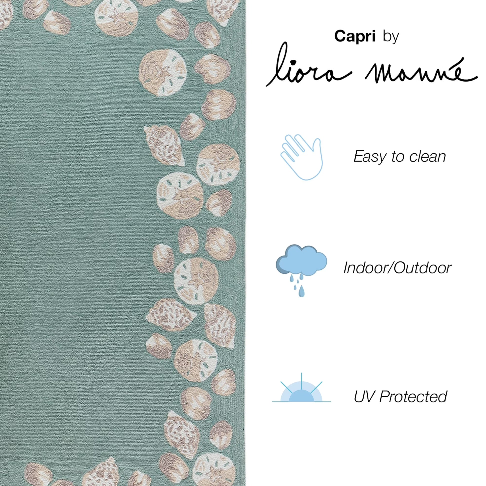 Liora Manne Capri Area Rug Aqua Seashell Border Indoor Outdoor Weather Resistant
