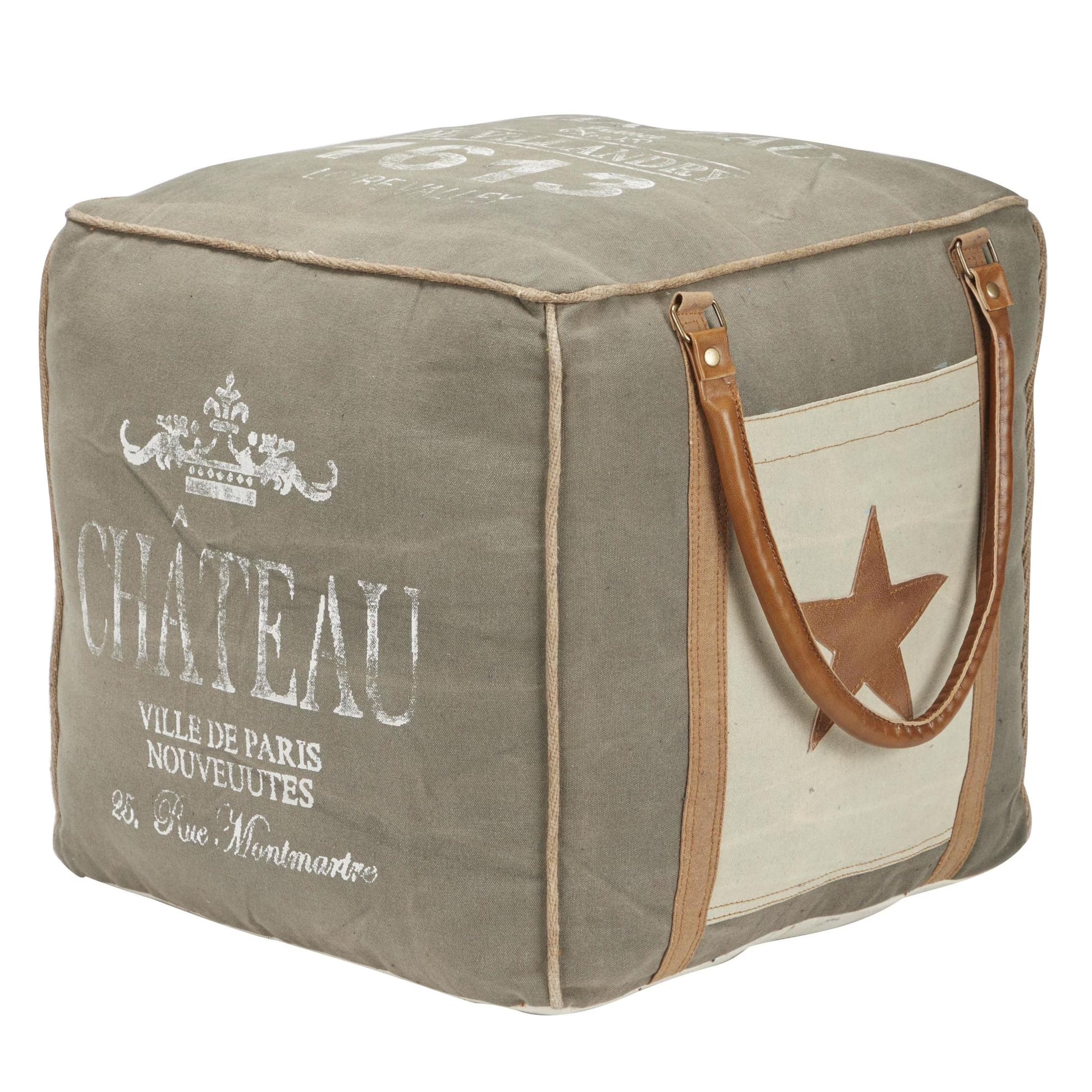 DecMode Rustic and Organic Square Ottoman Fabric Pouf features White Canvas and Brown Leather Handles with "Lonely Wolf" and Star Designs, 20"W x 19"H