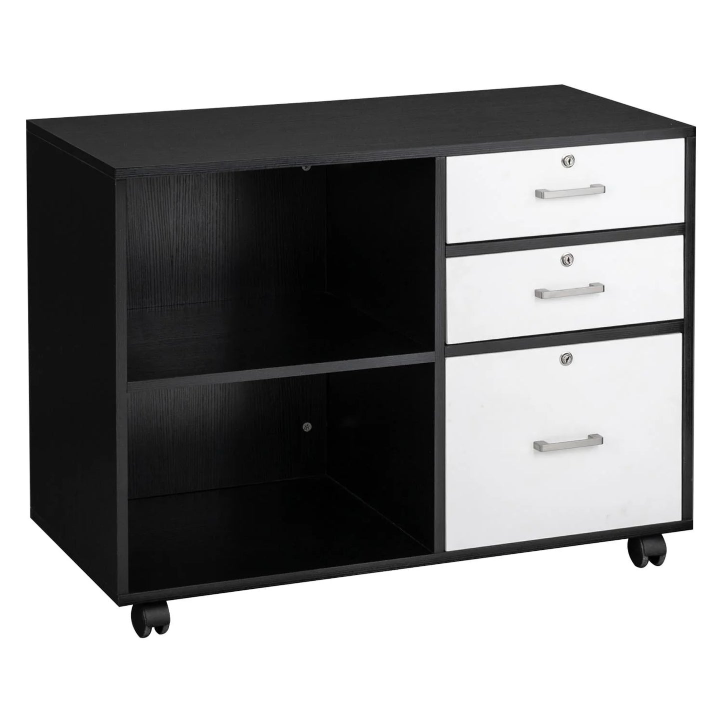 Ktaxon 3 Drawer Wood File Cabinets, Lateral Mobile Filing Cabinets Printer Stand with Locks and Wheels, Open Storage Shelves for Home Office