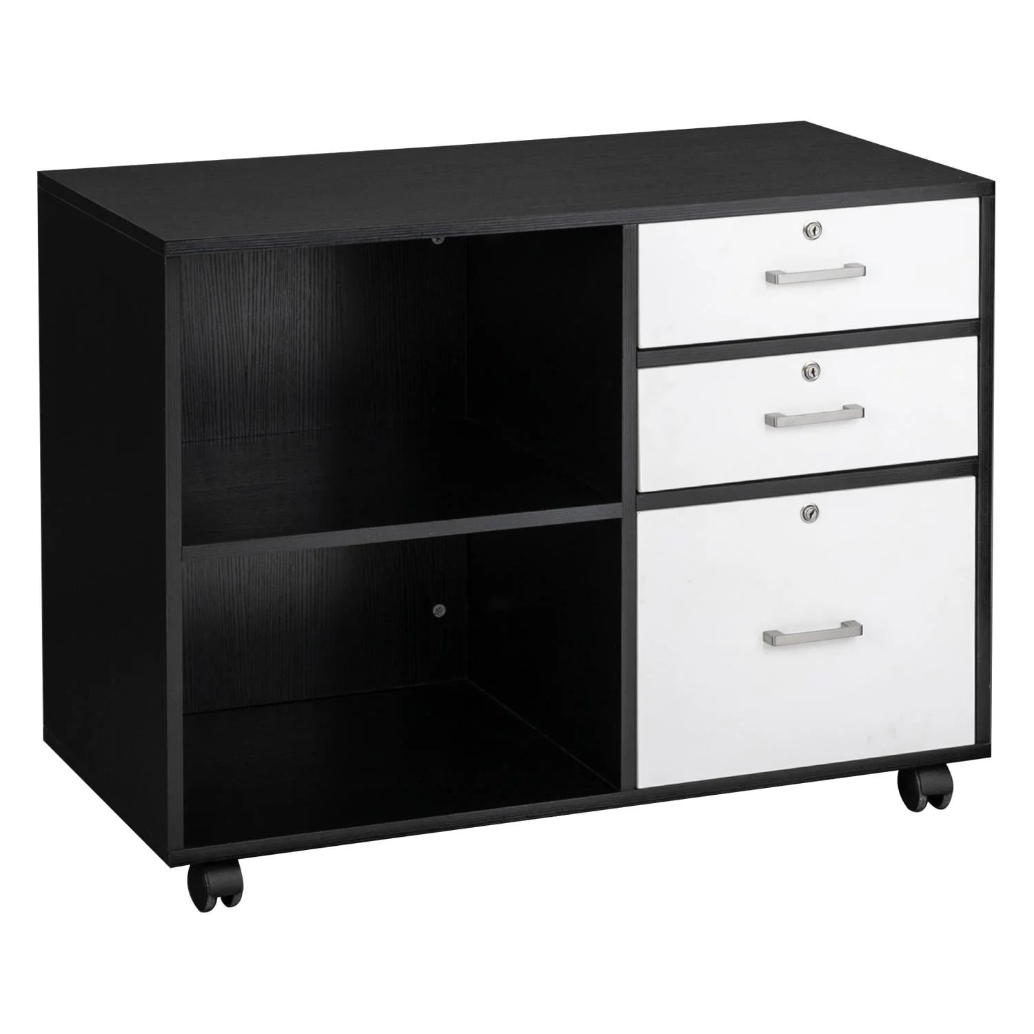 Ktaxon 3 Drawer Wood File Cabinets, Lateral Mobile Filing Cabinets Printer Stand with Locks and Wheels, Open Storage Shelves for Home Office