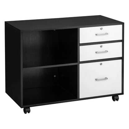 Ktaxon 3 Drawer Wood File Cabinets, Lateral Mobile Filing Cabinets Printer Stand with Locks and Wheels, Open Storage Shelves for Home Office
