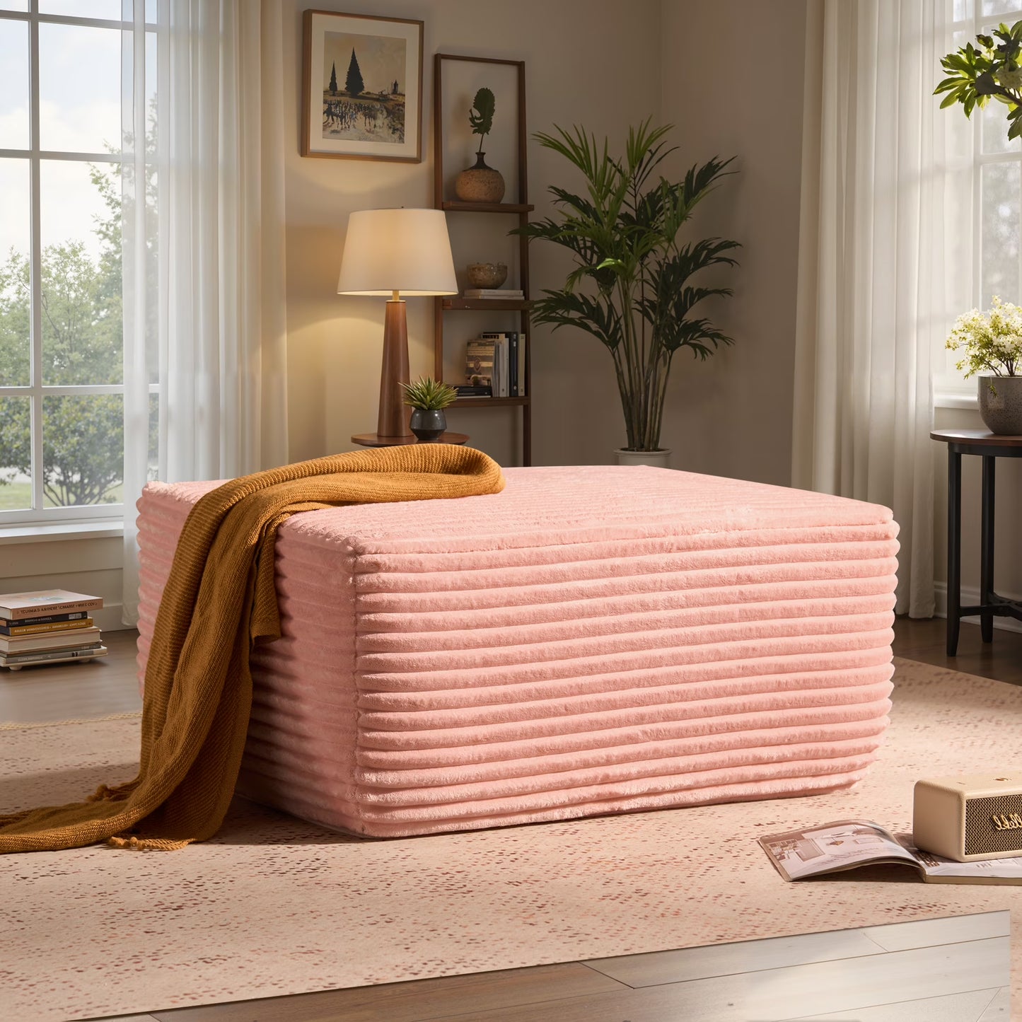 Ovios Oversized Ottoman Footrest for Sofa Large Plush Corduroy Pouf Ottoman Coffee Table Rectangle Floor Bench Extra Seating for Living Room, No Assembly, Beige